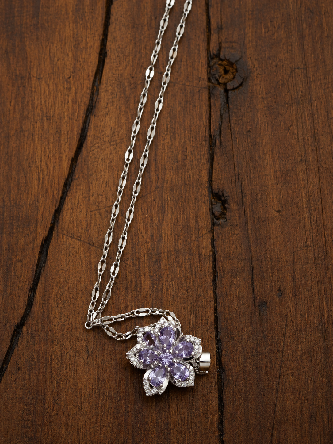 Purple Lavender Crystal Flower Pendant Necklace – Stainless Steel