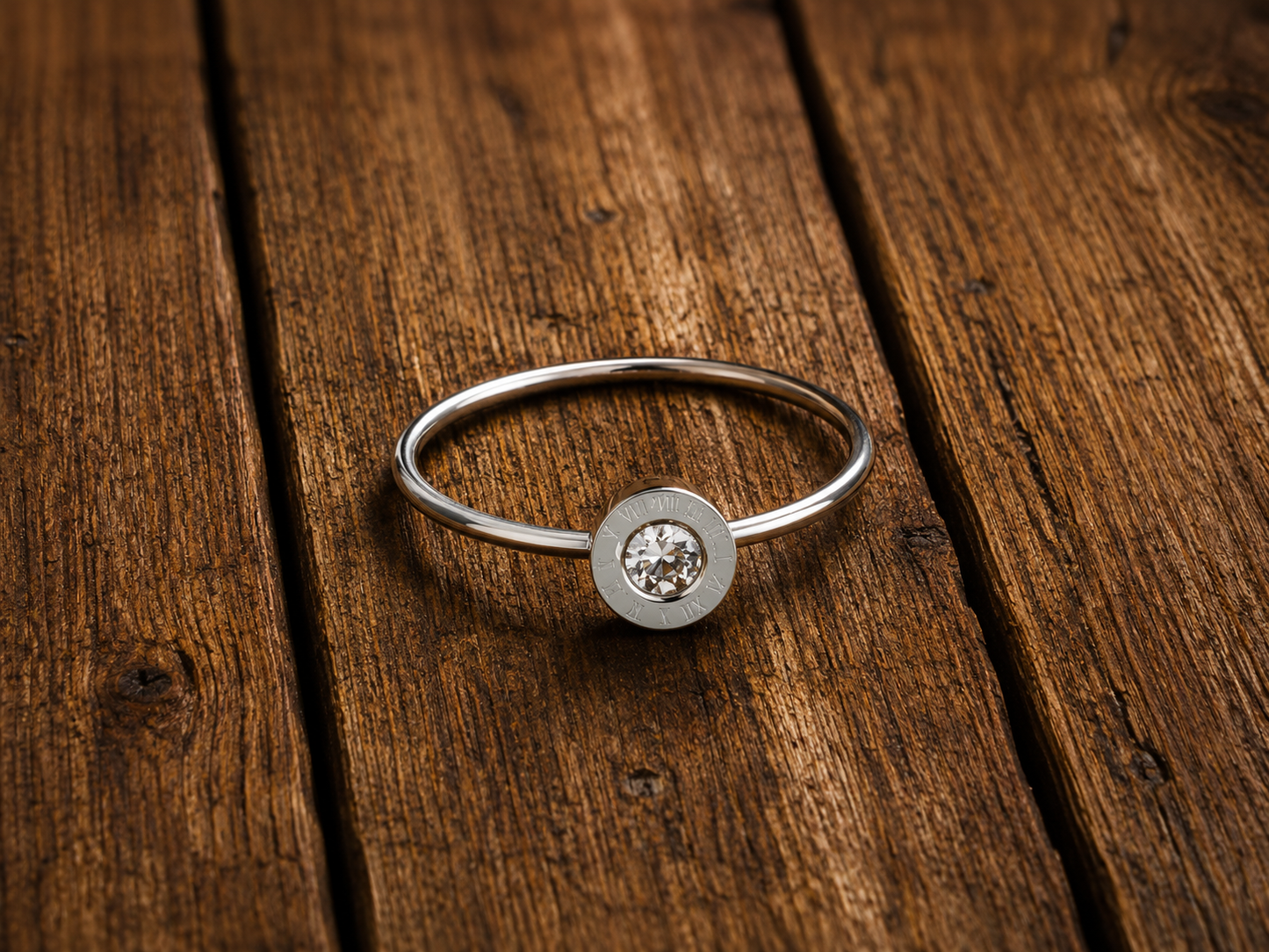 Roman Numeral Crystal Solitaire Ring – Stainless Steel