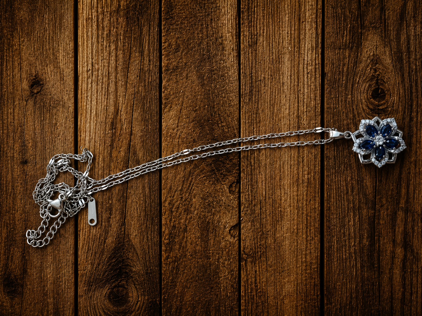 Navy Blue Flower Crystal Pendant Necklace – Stainless Steel
