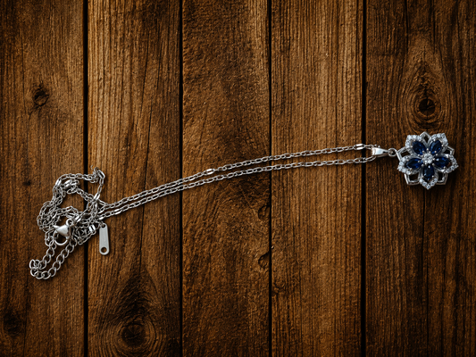 Navy Blue Flower Crystal Pendant Necklace – Stainless Steel